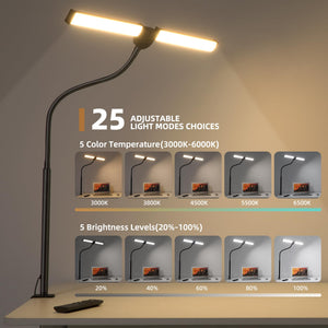 Led Desk Lamp for Home Office, Eye-Care Architect Light with Clamp, Smart Double Head Computer Monitor Table Clip Lamp, Adjustable Flexible Goose-Neck, 25 Lighting Models, Task Lamp, Black
