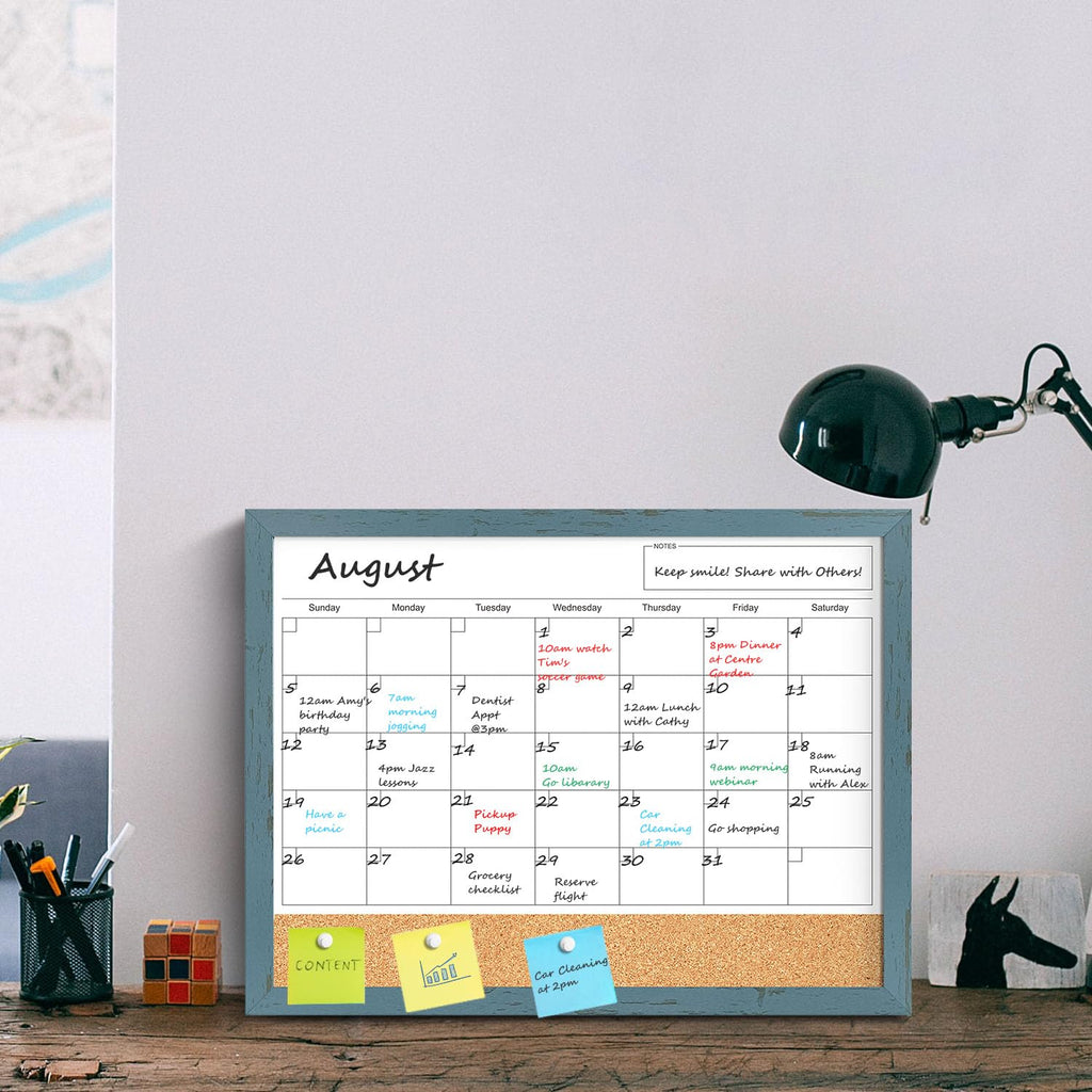 Whiteboard Calendar & Corkboard for Wall, 17x13 Inches Dry Erase Monthly Calendar with Wood Framed, Magnetic White Board Cork Board Combo, Bulletin Board for Home Office Kitchen Memo Planner