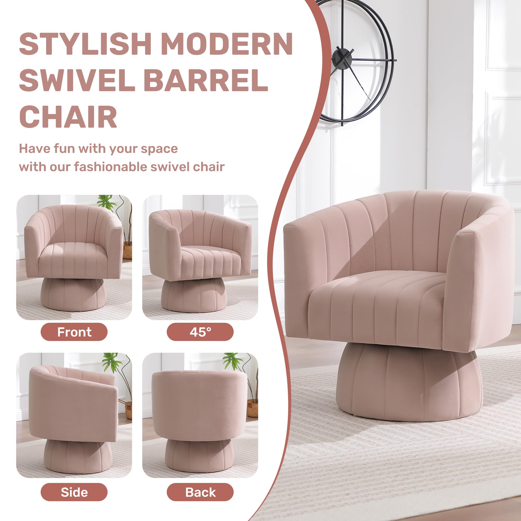 Swivel Accent Barrel Chair, Cute Comfy Small Round 360° Arm Chair. Velvet Sofa Club Reading Chair for Living Room Bedroom Office Pink