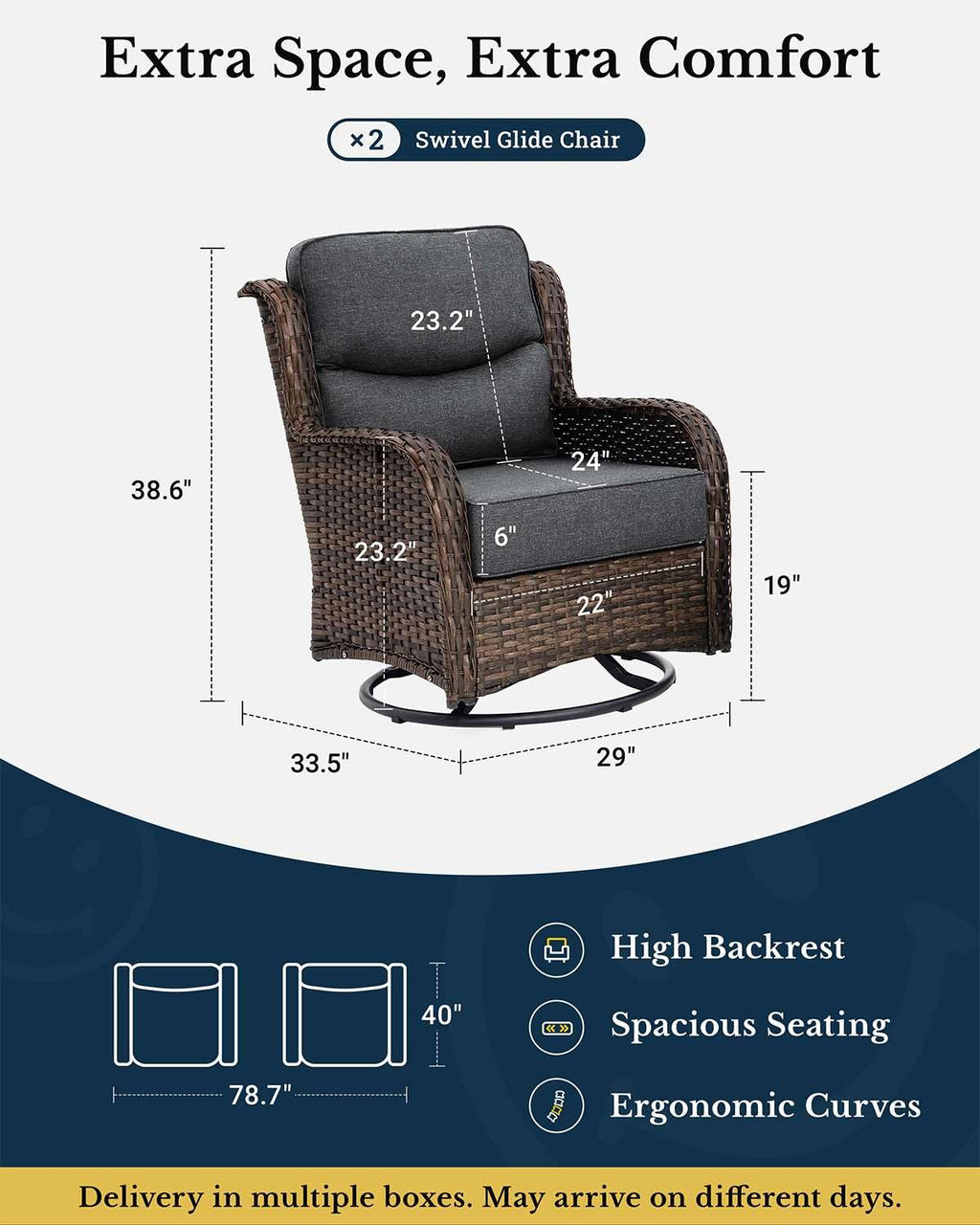 Luxury Patio Furniture Set with 6-inch Thick Cushion, Outdoor High Back Swivel Rocker Patio Chairs, 2PCS Wicker Conversation Set for Deck Yard and Poolside, Dark Grey (V2)