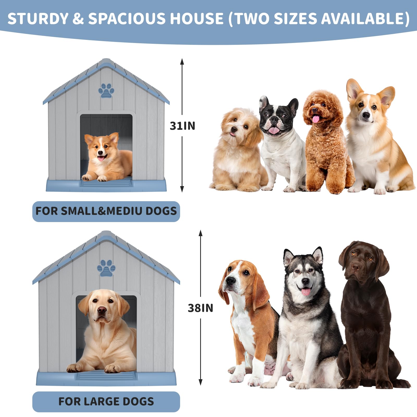 Dog House Indoor Outdoor for Small to Large Sized Dogs Indoor Outdoor Doghouse Puppy Shelter with Elevated Floor, Easy to Assemble (Blue, 31Inch(31.18 * 33.7 * 32.52))
