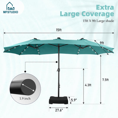 15ft Double Sided Patio Umbrella with Solar Lights, Outdoor Large Umbrellas with Crank Handle and 36 LED Lights, Rectangular Market Umbrella with Base Included for Deck Pool Shade, Turquoise