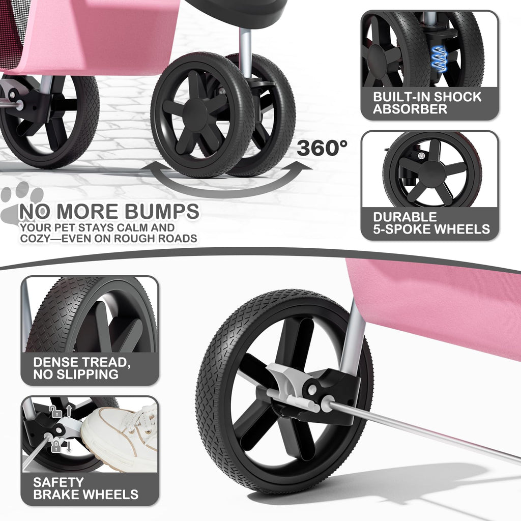 3-Wheels Foldable Pet Stroller with Waterproof Cover, Pet Strolling Cart for Small/Medium Dogs and Cats with Storage Basket and Cup Holder, Breathable and Visible Mesh for All-Season, Pink