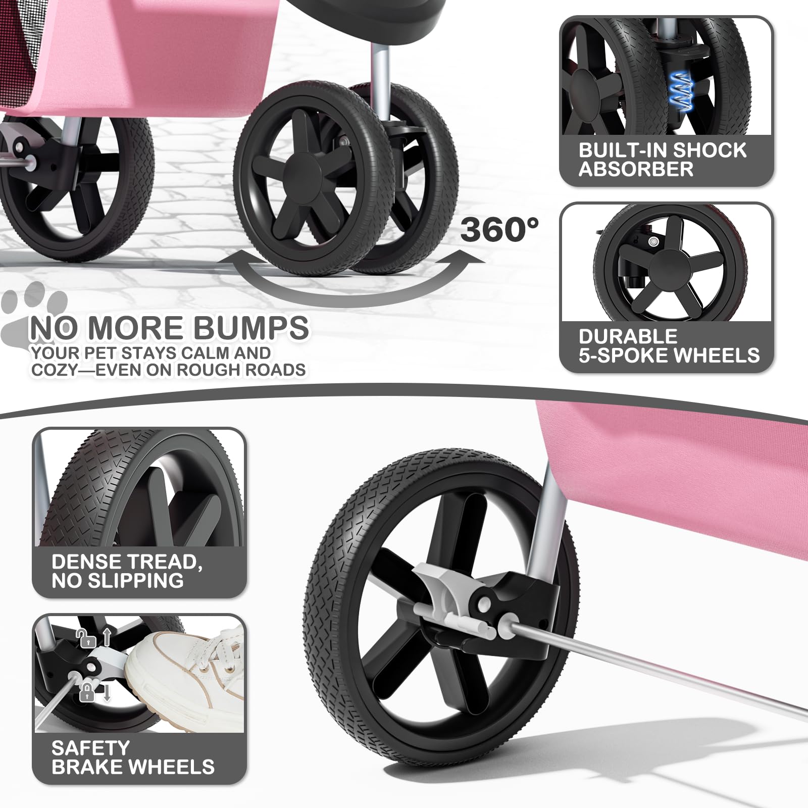3-Wheels Foldable Pet Stroller with Waterproof Cover, Pet Strolling Cart for Small/Medium Dogs and Cats with Storage Basket and Cup Holder, Breathable and Visible Mesh for All-Season, Pink