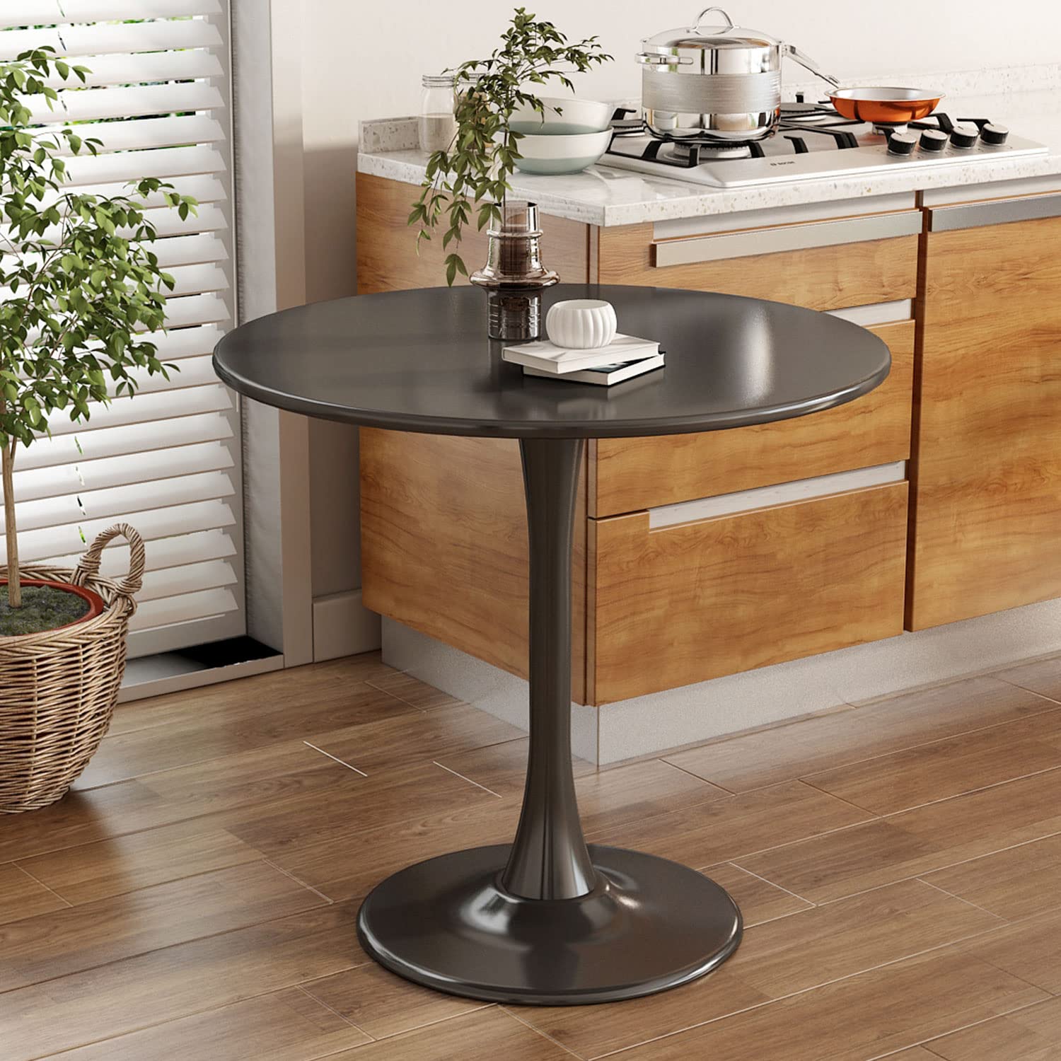 Round Dining Table 24" Circle Tulip Table with Wood Thickened Tabletop & Sturdy Metal Pedestal Mid Century Modern Leisure Bistro Kitchen Tables 2 People Small Places Living Room Cafe,Black
