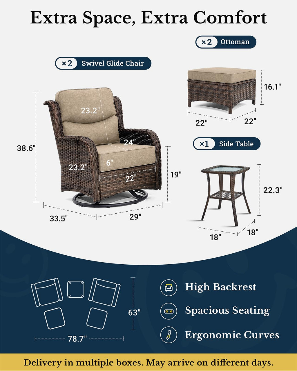 Luxury Patio Furniture Set with 6-inch Thick Cushion, Outdoor High Back Swivel Rocker Patio Chairs, 5PCS Wicker Conversation Set for Deck Yard and Poolside, Beige (V2)
