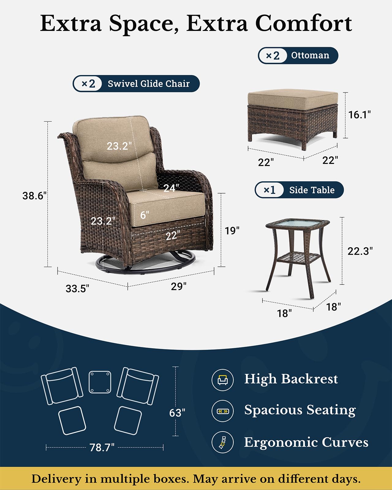Luxury Patio Furniture Set with 6-inch Thick Cushion, Outdoor High Back Swivel Rocker Patio Chairs, 5PCS Wicker Conversation Set for Deck Yard and Poolside, Beige (V2)