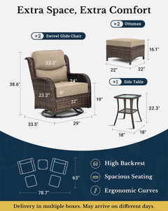 Luxury Patio Furniture Set with 6-inch Thick Cushion, Outdoor High Back Swivel Rocker Patio Chairs, 5PCS Wicker Conversation Set for Deck Yard and Poolside, Beige (V2)