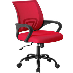 Office Desk Chair - Ergonomic Mid Back with Lumbar Support & Rocking Mode, Height Adjustable with Fixed Armrest, Storage Back for Computer, Gaming, Conference, Meeting Room, 360° Swivel, Red