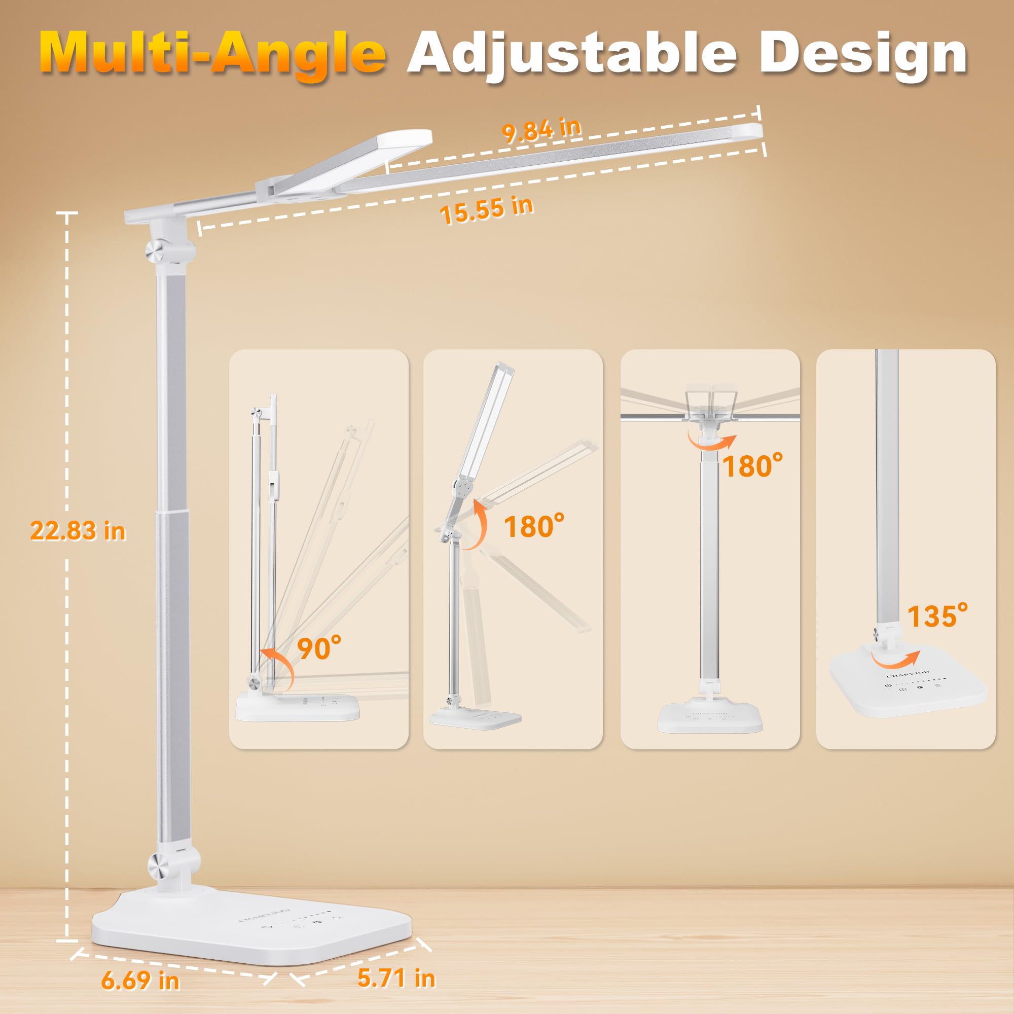 LED Desk Lamp for Office Home, Height Adjustable Architect Desk Light with USB Adapter, Stepless Dimming 50 Lighting Modes, Eye Caring Double Head Computer Desk Lamp for Reading, Study, Workbench