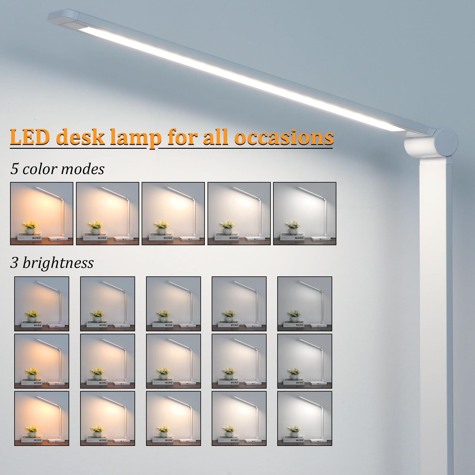 LED Desk Lamp with USB Ports, Touch Control, 5 Color Modes, 3 Brightness Levels, Foldable Design, White