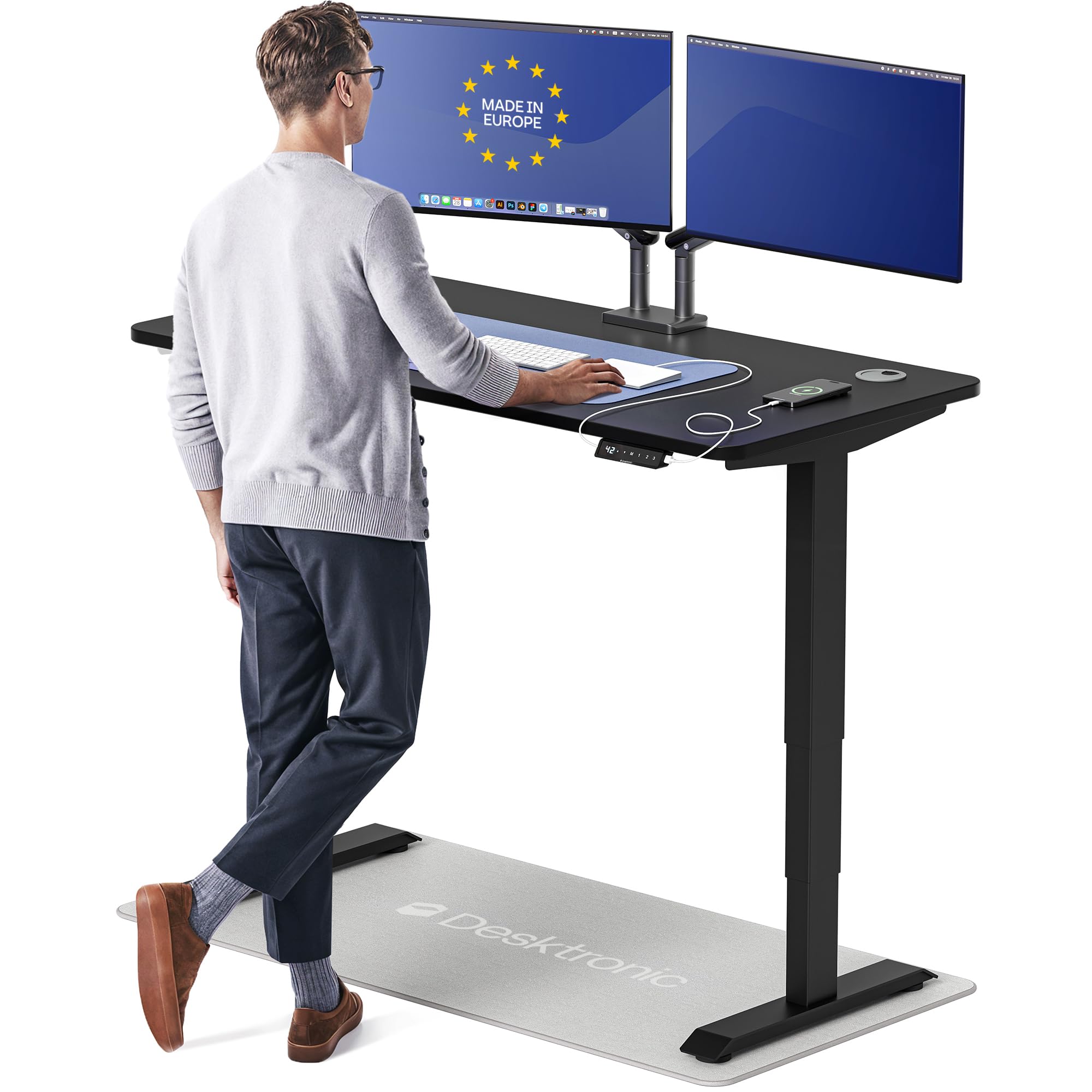 HomePro Standing Desk 54x28 — Made in Europe, Ergonomic Sit Stand Home Office Desk, Electric Height Adjustable, Dual Motor, USB & USB-C Charging, Wobble-Free, Touchscreen, 3 Memory Presets