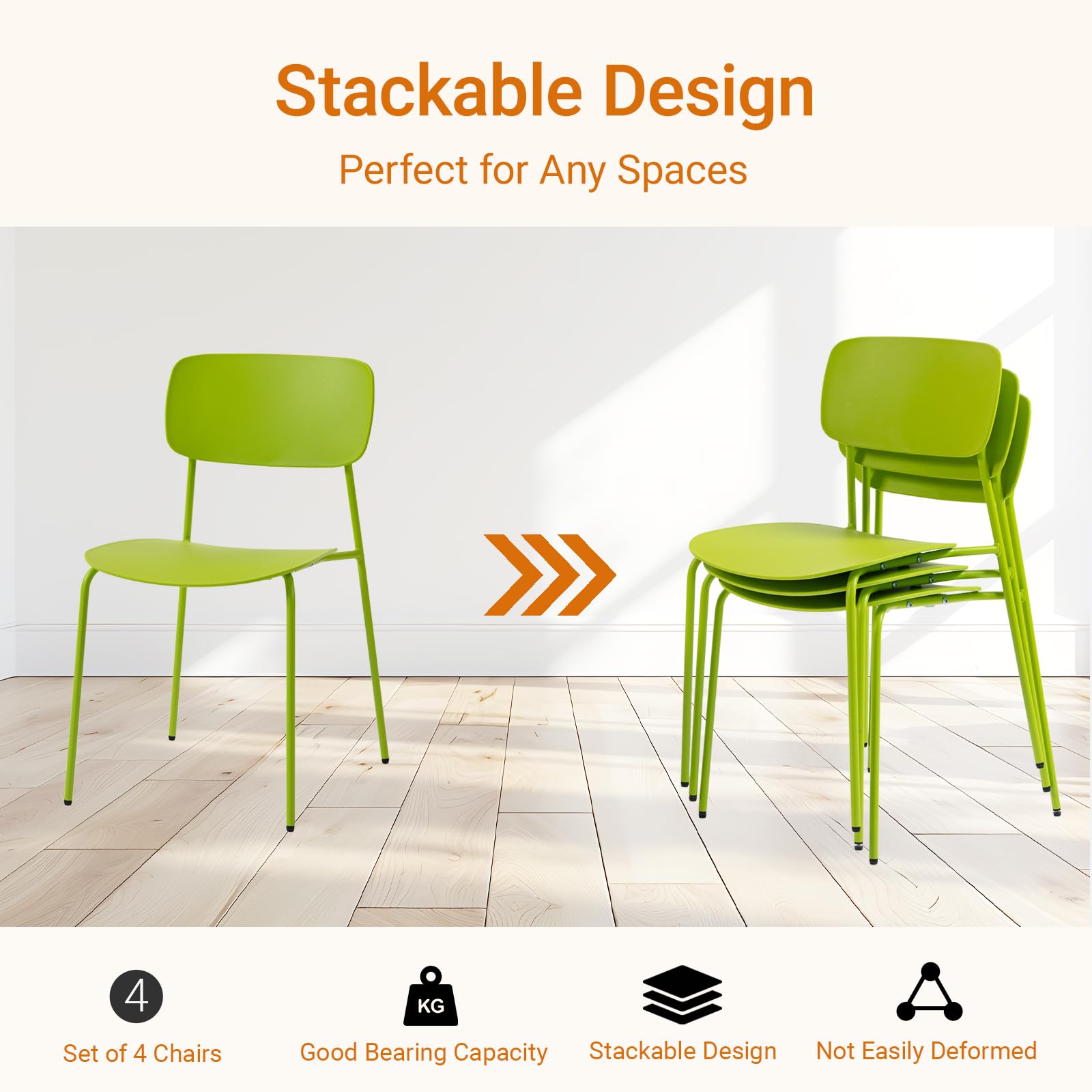 Stackable Chairs Set of 4, Metal Waiting Room Chairs with Plastic Seat, Capacity 300lbs, Stacking Chairs for Office Conference Break Room Lobby, Green