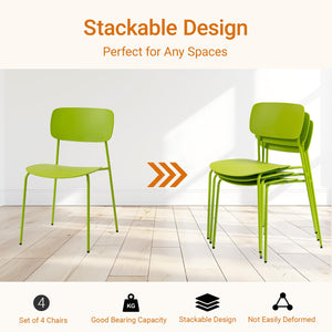 Stackable Chairs Set of 4, Metal Waiting Room Chairs with Plastic Seat, Capacity 300lbs, Stacking Chairs for Office Conference Break Room Lobby, Green