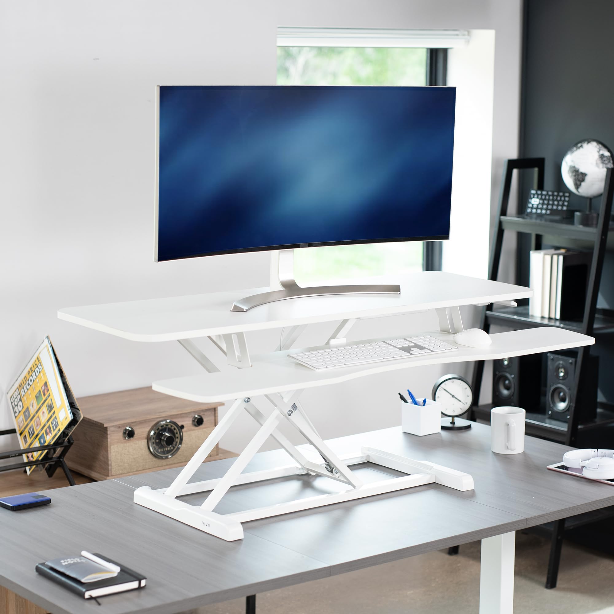 48 inch Desk Converter, K Series, Height Adjustable Sit to Stand Riser, Dual Monitor and Laptop Workstation with Wide Keyboard Tray, White, DESK-V048KW