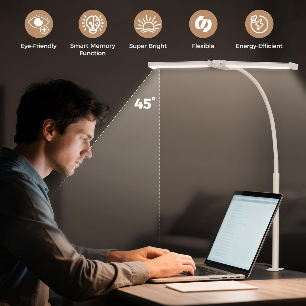 LED Desk Lamp for Home Office, Double Head Architect Light with Clamp, Computer Monitor Clip on Light, 3 Modes and 10 Brightness, Adjustable Flexible Goose-Neck, Table Task Lamp, White