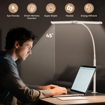 LED Desk Lamp for Home Office, Double Head Architect Light with Clamp, Computer Monitor Clip on Light, 3 Modes and 10 Brightness, Adjustable Flexible Goose-Neck, Table Task Lamp, White
