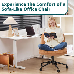 Criss Cross Chair with Wheels Wide Cross Legged Office Desk Vanity Chair Comfy Fabric Armless Adjustable Swivel for Home Computer Task PU Brown