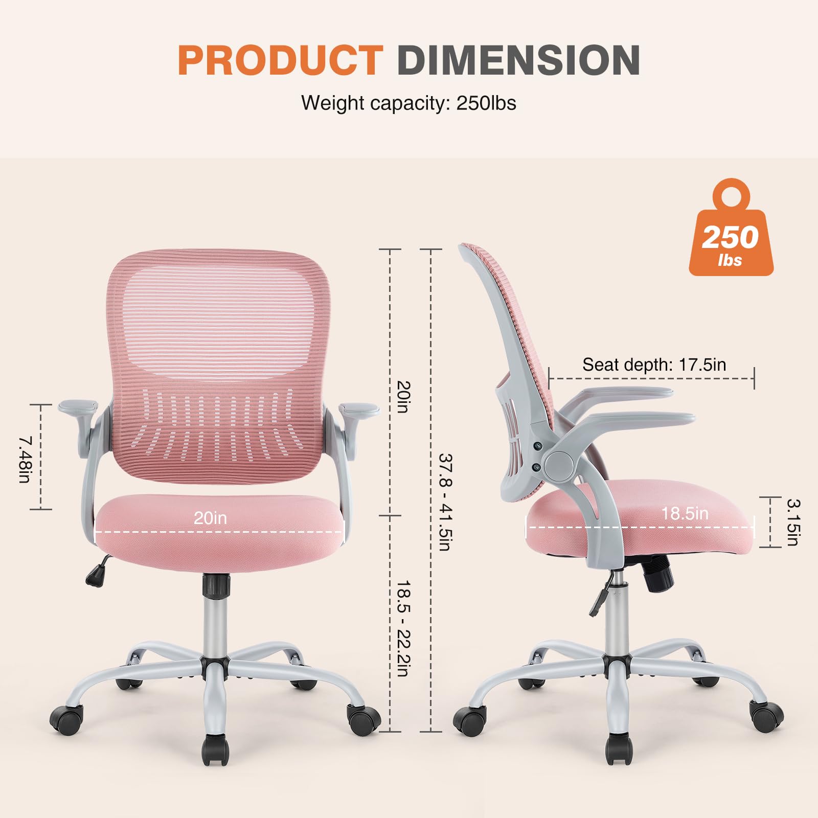 Home Office Managerial Executive Chair, Ergonomic Mesh Adjustable Swivel Mid-Back Chair with, Flip-up Arms, Comfortable Lumbar Support, Comfy Arms for Bedroom,Study,Student