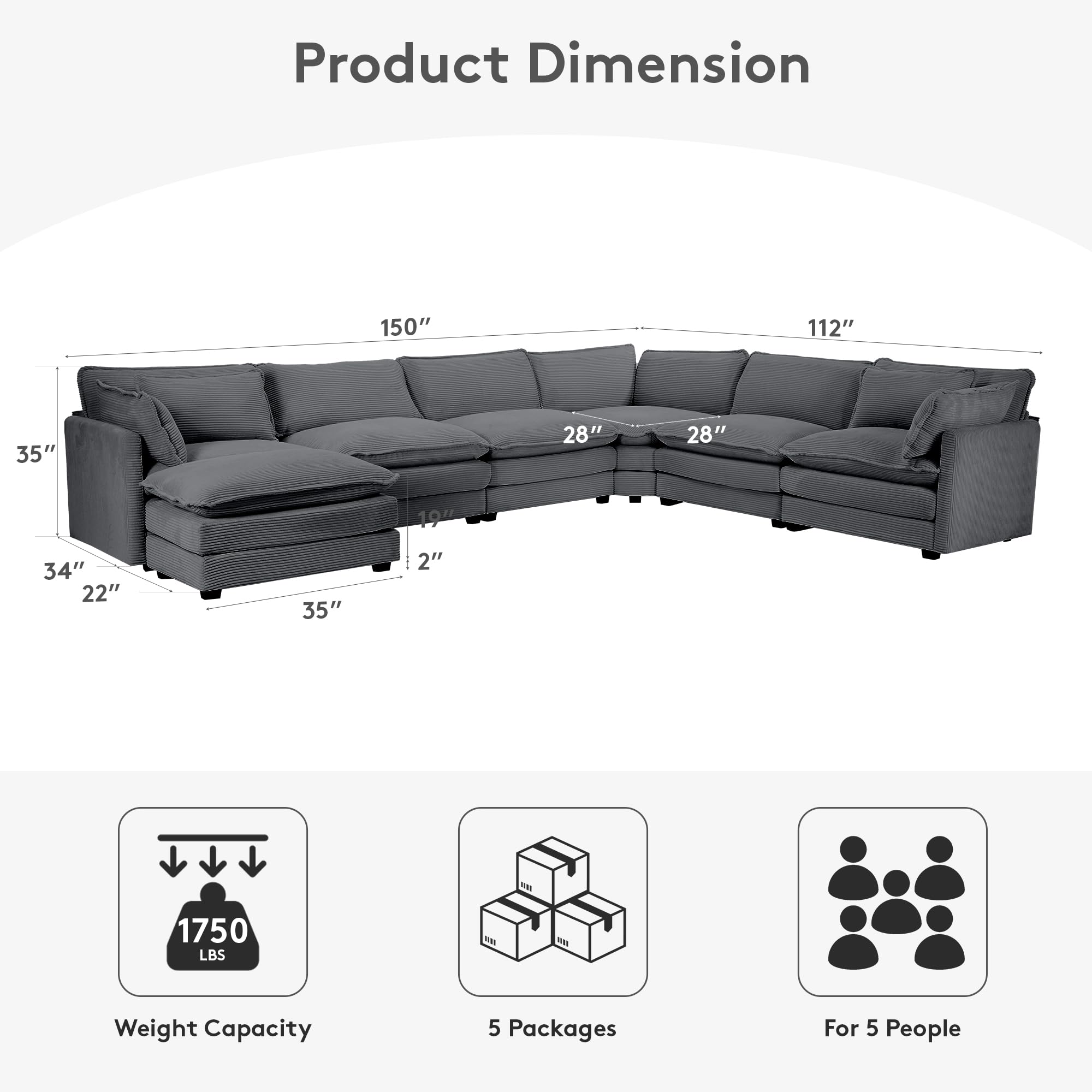 150'' Modular Sectional Corner Cloud Couch, 7 Seater Sofa Big Comfy Corduroy V Shaped Couch with 4 Throw Pillows, Movable Ottoman, Couches for Living Room Office Dark Grey