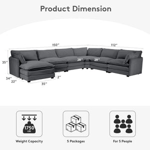 150'' Modular Sectional Corner Cloud Couch, 7 Seater Sofa Big Comfy Corduroy V Shaped Couch with 4 Throw Pillows, Movable Ottoman, Couches for Living Room Office Dark Grey