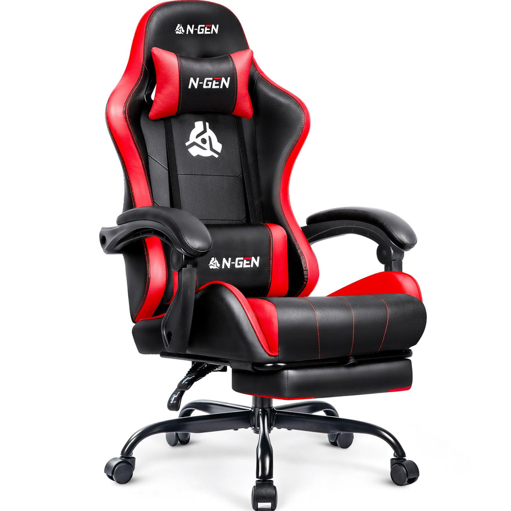 Video Gaming Chair with Footrest Lumbar Support for Home Office High Back Recliner Height Adjustable Ergonomic Comfy Leather Computer Desk Chair (Red)