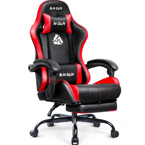 Video Gaming Chair with Footrest Lumbar Support for Home Office High Back Recliner Height Adjustable Ergonomic Comfy Leather Computer Desk Chair (Red)