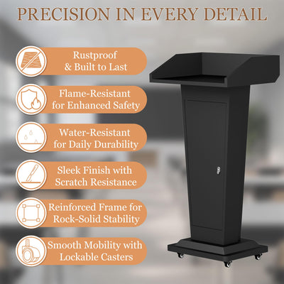 Podium Stand with 4 Locking Wheels, Heavy-Duty Metal Lectern for Church, School, Office, and Conference, Large Lockable Storage Cabinet, 43.7