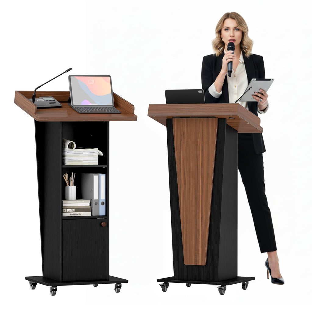Mobile Podium Stand with Metal Wheels, Wooden Pulpit with 15° Tilted Desktop and Storage Cabinet, Built-in Cable Hole Lectern Desk for Office Classroom Lecture Restaurant Church Presentations