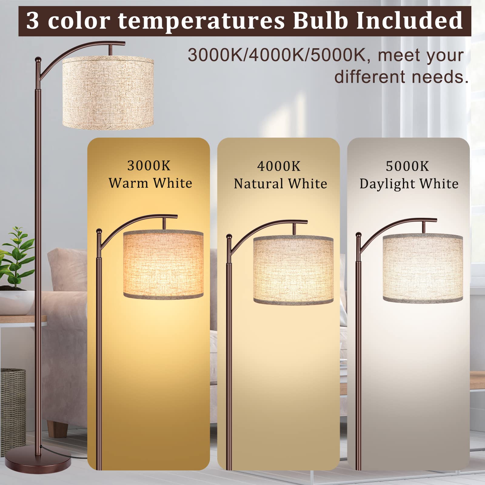 Floor Lamp for Living Room, LED Tall Industrial Standing Lamp Reading for Bedroom, Office (9W LED Bulb, Beige Lampshade Included) -Oil-Rubbed Bronze