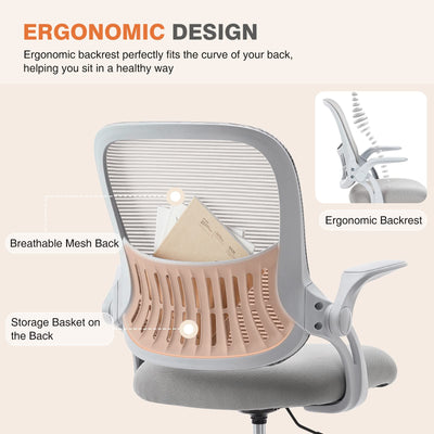 Home Office Managerial Executive Chair, Ergonomic Mesh Adjustable Swivel Mid-Back Chair with, Flip-up Arms, Comfortable Lumbar Support, Comfy Arms for Bedroom,Study,Student, Grey