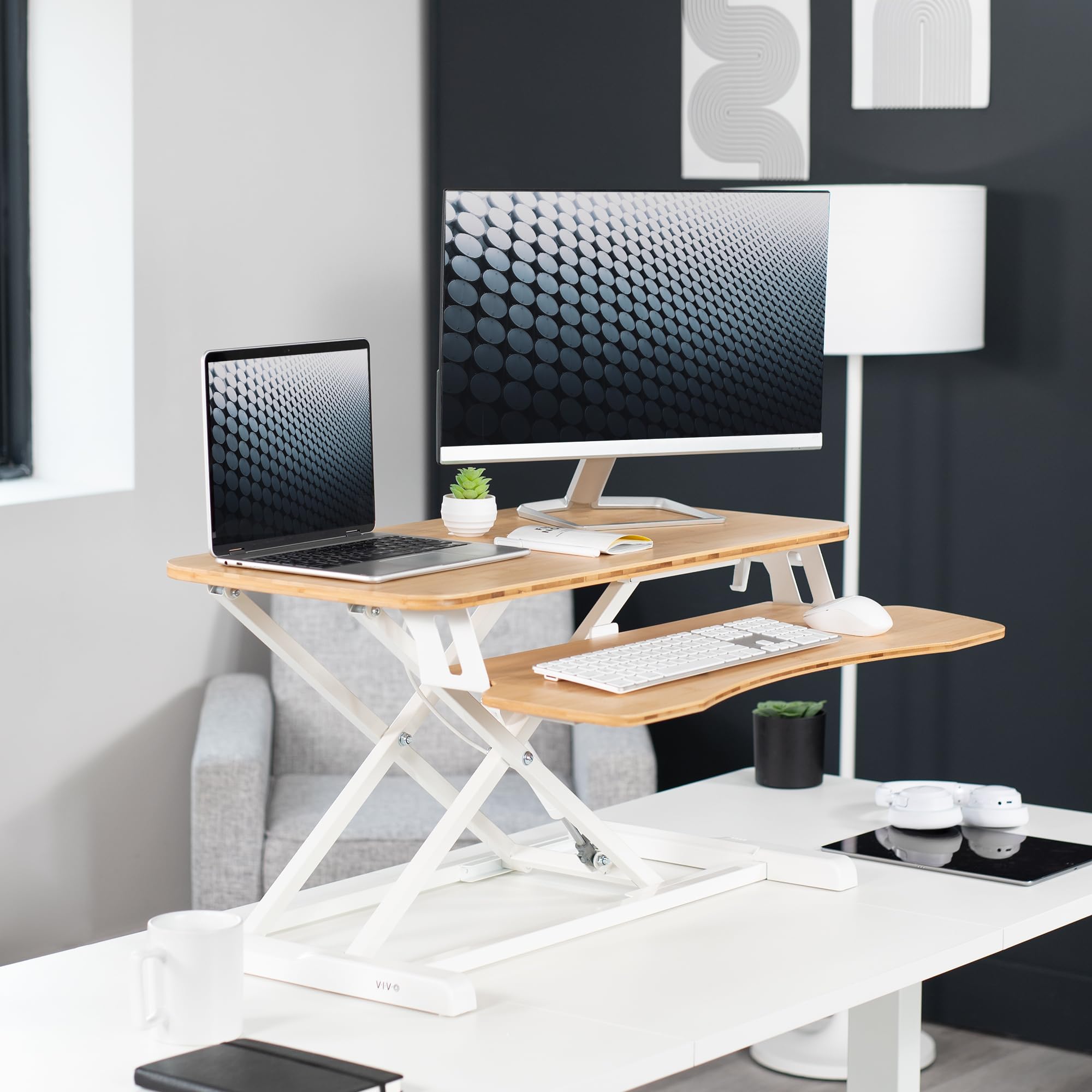 32 inch Desk Converter, K Series, Height Adjustable Sit to Stand Riser, Dual Monitor and Laptop Workstation with Wide Keyboard Tray, Bamboo Top, White Frame, DESK-V000KO