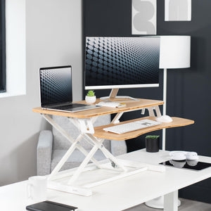 32 inch Desk Converter, K Series, Height Adjustable Sit to Stand Riser, Dual Monitor and Laptop Workstation with Wide Keyboard Tray, Bamboo Top, White Frame, DESK-V000KO