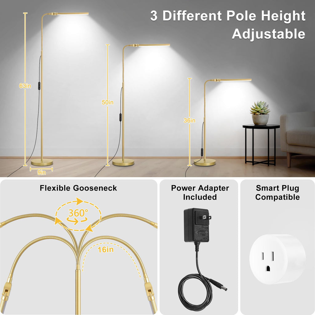 Gold Floor Lamp, 18W/2000LM Bright LED Floor Lamp for Living Room Office, Adjustable Gooseneck Dimmable Standing Task Lamp for Reading, Study, Arts, Eye Caring Craft Light for Sewing Tatoo Puzzle