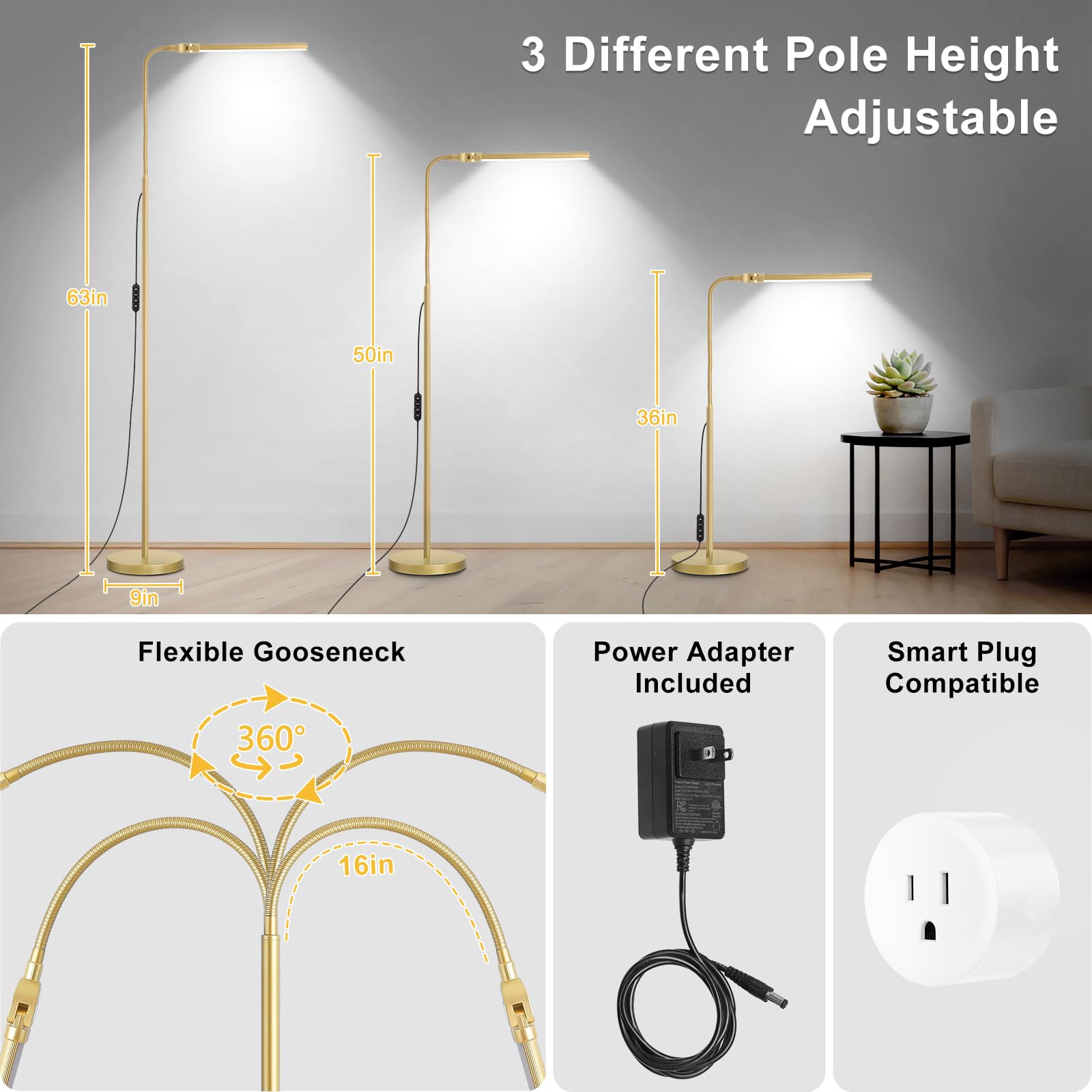 Gold Floor Lamp, 18W/2000LM Bright LED Floor Lamp for Living Room Office, Adjustable Gooseneck Dimmable Standing Task Lamp for Reading, Study, Arts, Eye Caring Craft Light for Sewing Tatoo Puzzle