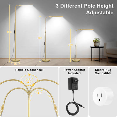 Gold Floor Lamp, 18W/2000LM Bright LED Floor Lamp for Living Room Office, Adjustable Gooseneck Dimmable Standing Task Lamp for Reading, Study, Arts, Eye Caring Craft Light for Sewing Tatoo Puzzle