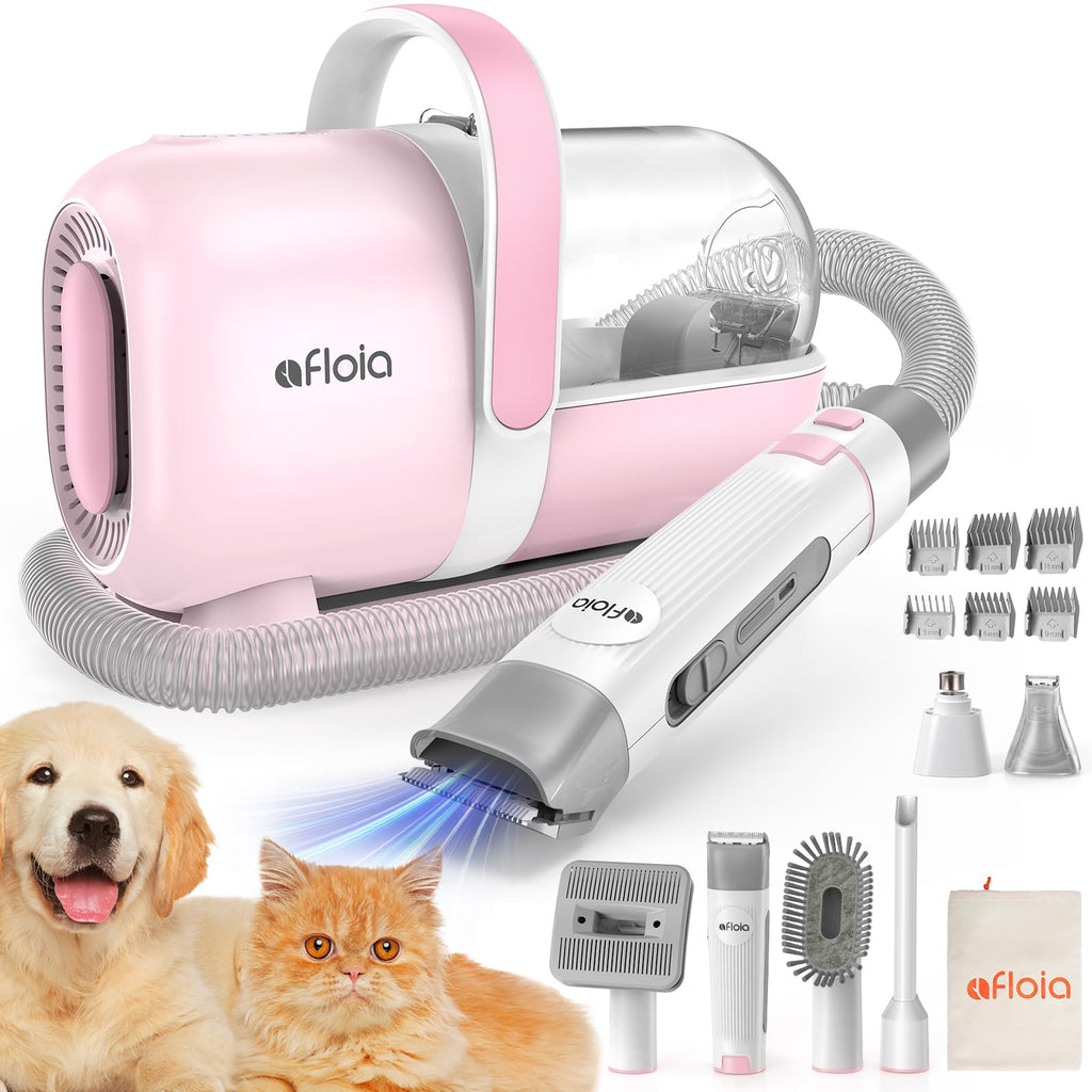 6-in-1 Dog Grooming Kit, Pet Grooming Vacuum for Shedding, Dog Hair Vacuum with Clipper Nail Trimmer Grinder, Pet Brush Groomer at Home, Low Noise Cats Hair Remover, 1.5L Dust Cup, Pink