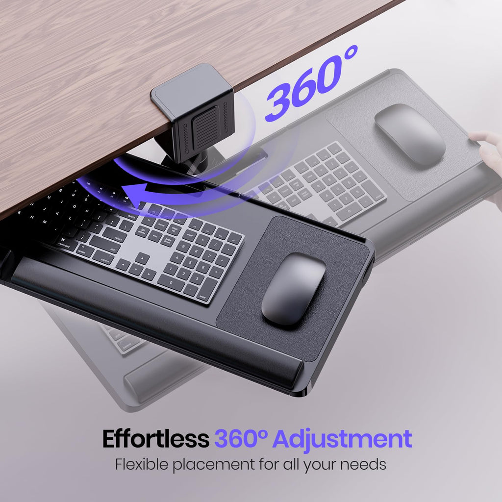 Upgraded Adjustable Keyboard Tray for Above Desk & Under Desk Use - Ergonomic Sit-Stand Keyboard Riser with 360° Rotation, 24.4"×10" Keyboard Stand with Wrist Rest & Storage Drawer - Black