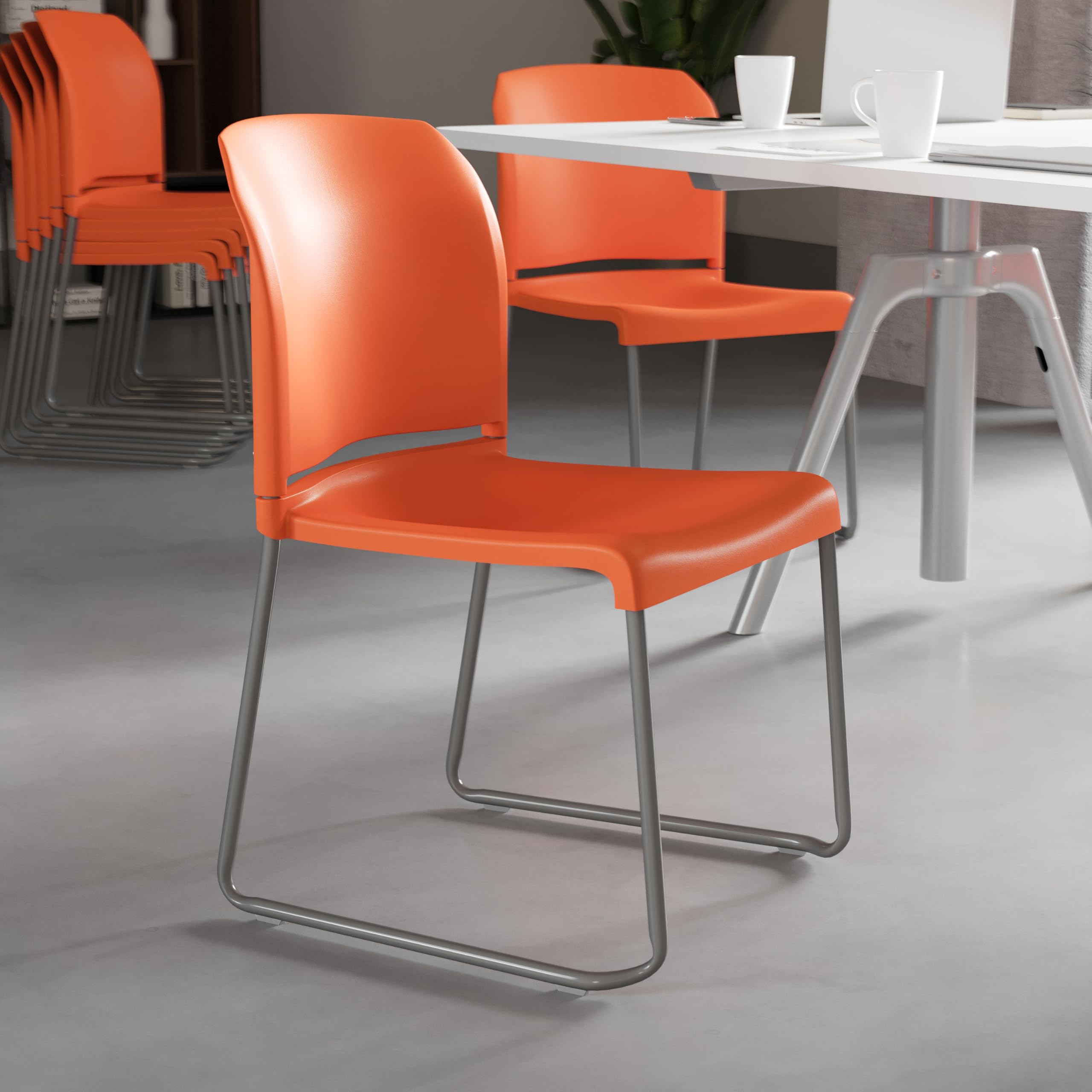Set of 5, Orange, Hercules Series Contoured Stacking Chairs for Waiting Rooms and Offices, Ergonomic Lobby Chairs with Curved Back