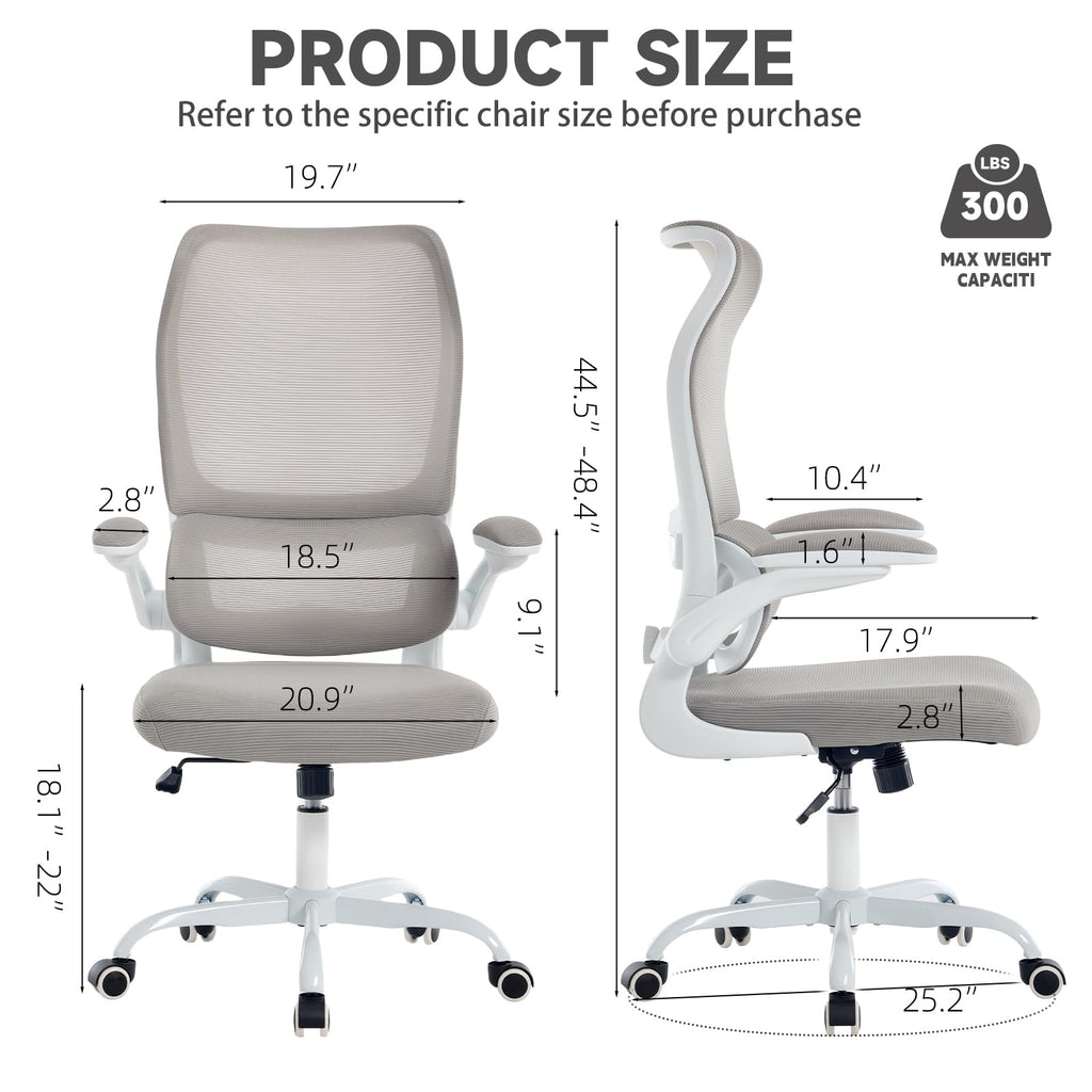 Ergonomic Office Chair with Adjustable Lumbar Support, Mesh Back, Flip-Up Arms, Rocking Mode with Tension Control, 300 lbs Weight Capacity, Black and White (White)