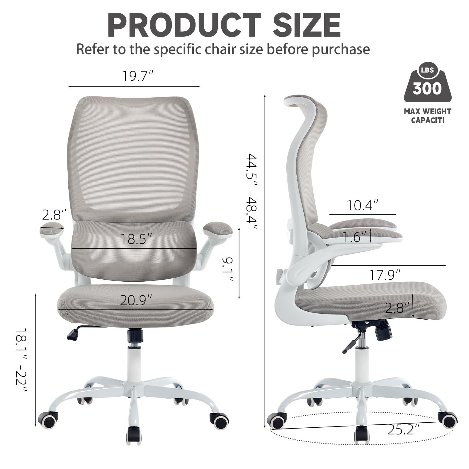 Ergonomic Office Chair with Adjustable Lumbar Support, Mesh Back, Flip-Up Arms, Rocking Mode with Tension Control, 300 lbs Weight Capacity, Black and White (White)