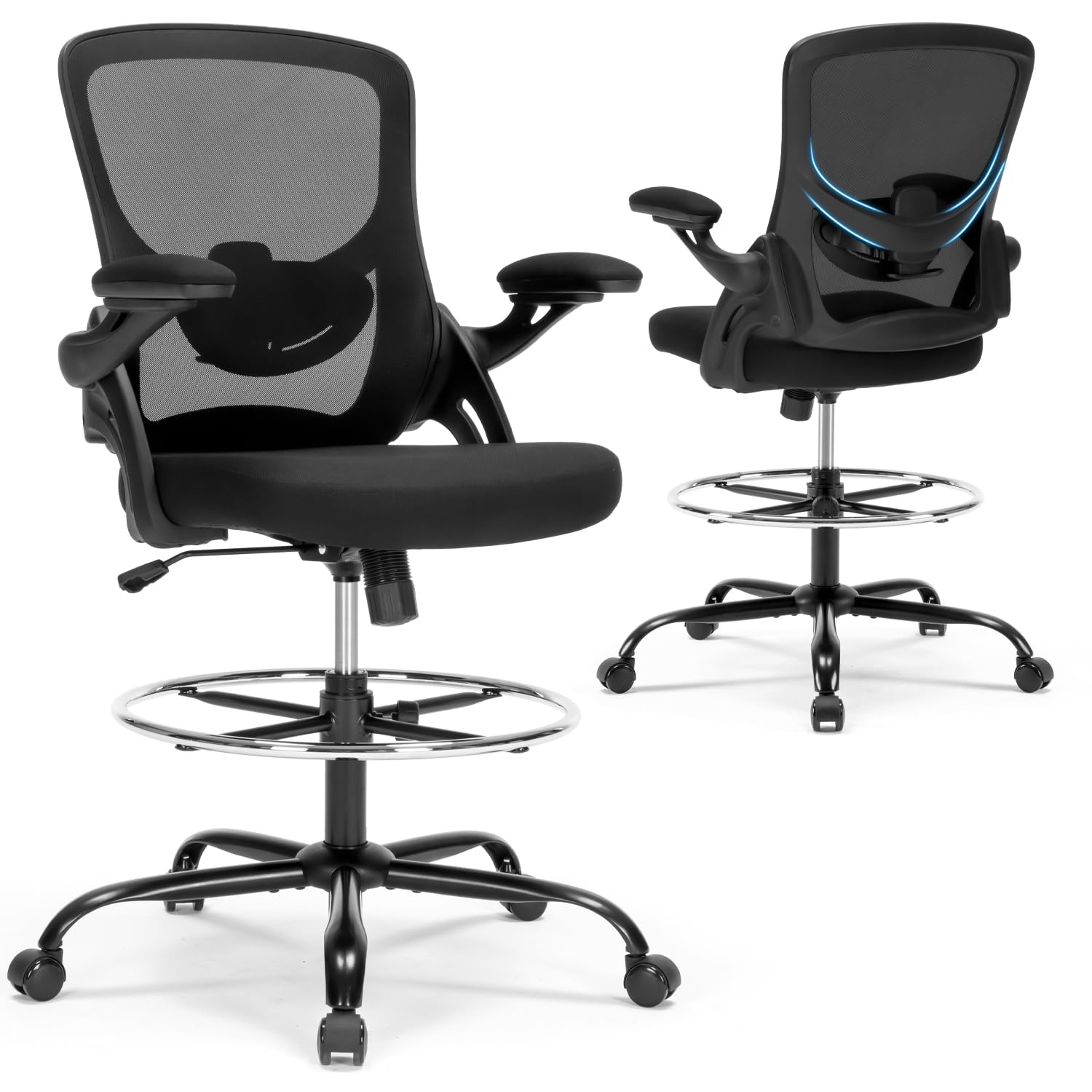 Drafting Chair Ergonomic Computer Standing Desk Chair with Flip-Up Arms and Lumbar Support, Tall Office Chair with Adjustable Footrest, Stool Counter Height Office Chairs Black