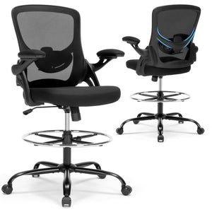Drafting Chair Ergonomic Computer Standing Desk Chair with Flip-Up Arms and Lumbar Support, Tall Office Chair with Adjustable Footrest, Stool Counter Height Office Chairs Black