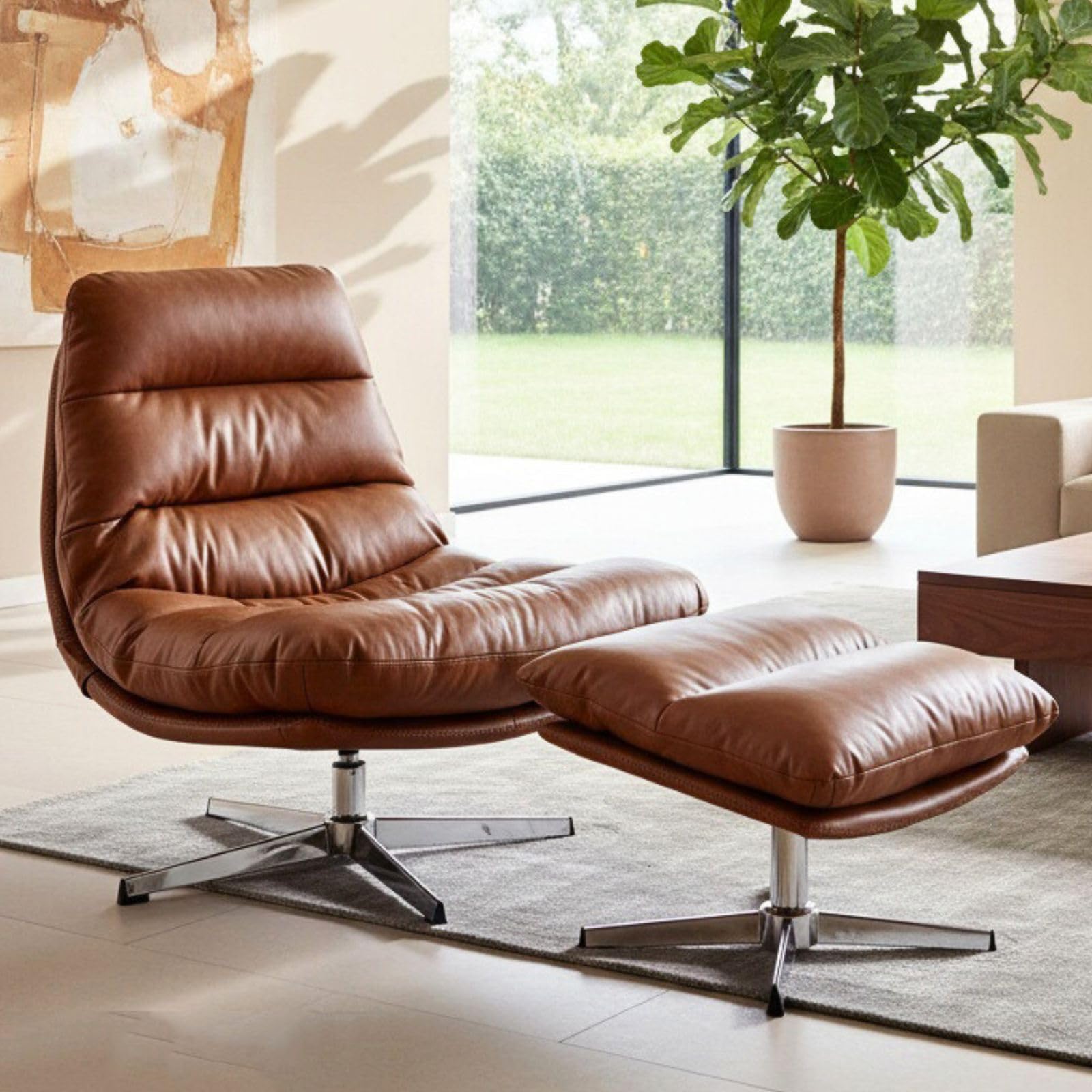 Modern Swivel Accent Chair with Ottoman Set, PU Leather Oversized Armless Reading Chair with Footrest, 33'' Wide Upholstered Lounge Chairs with Footstool for Living Room Bedroom Comfy, Brown