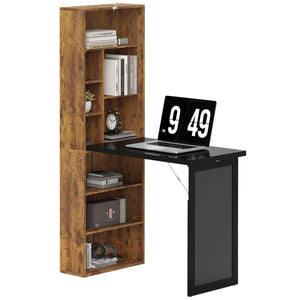 Foldable Convertible Writing Table, Wall Mounted Space-Saving Computer Desk with Chalkboard and Storage Shelves for Small Spaces, Home Office, Bedroom, Dorm, Apartment, Rustic Brown