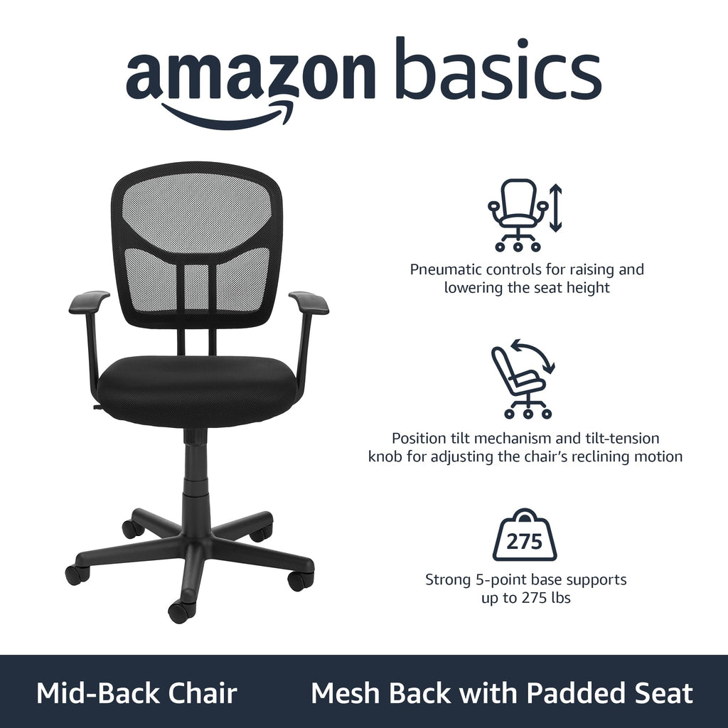 Breathable Mesh Mid-Back Office Desk Chair with Armrests, Lumbar Support, 360-Degree Swivel, Adjustable-Height, Black