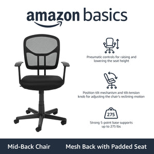 Breathable Mesh Mid-Back Office Desk Chair with Armrests, Lumbar Support, 360-Degree Swivel, Adjustable-Height, Black