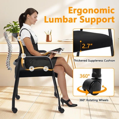 Waiting Room Chairs with Wheels, Adjustable Mesh Backrest, Desk Chair with Ergonomic Lumbar Support and Thickened Seats Cushion, 4 Pack Black