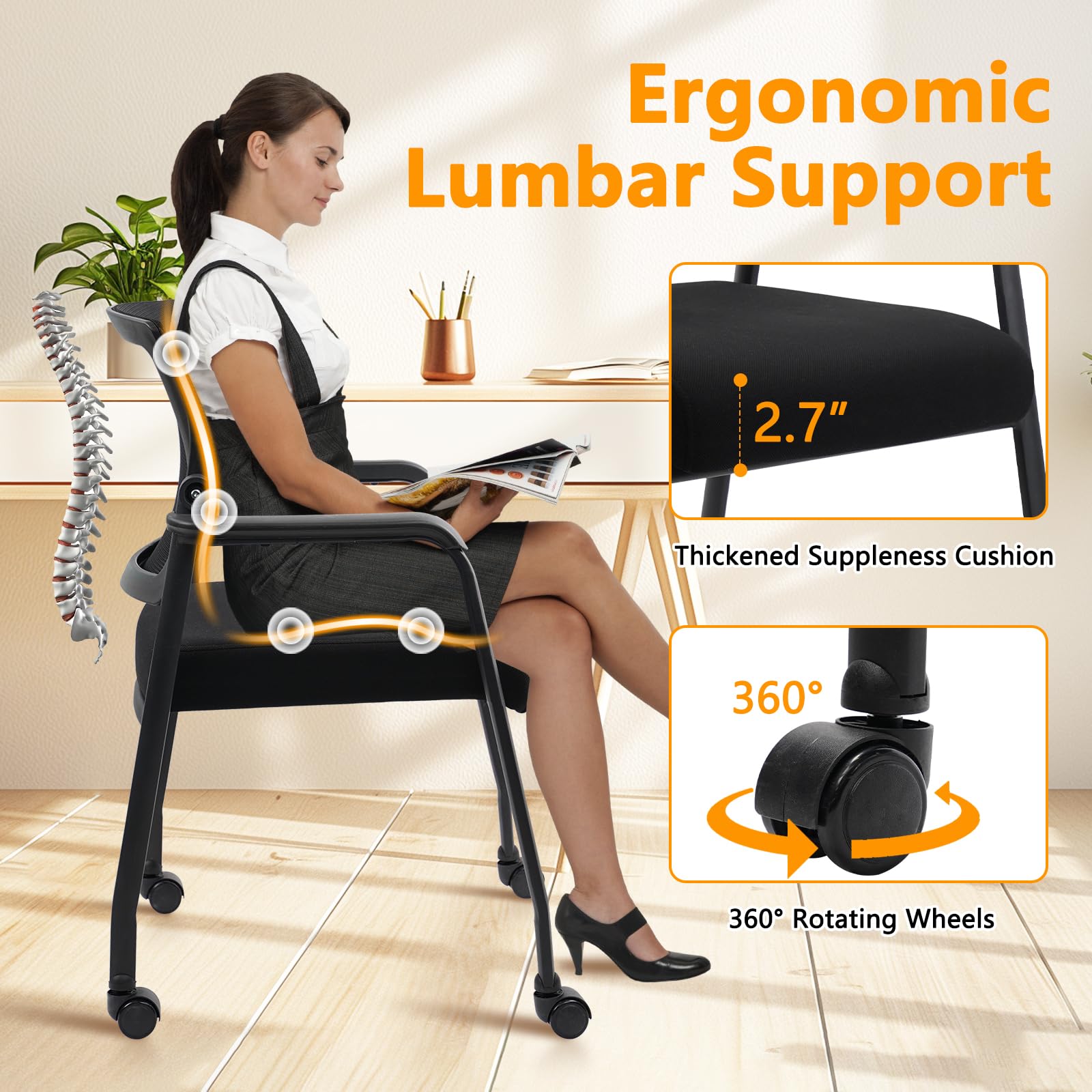 Waiting Room Chairs with Wheels, Adjustable Mesh Backrest, Desk Chair with Ergonomic Lumbar Support and Thickened Seats Cushion, 8 Pack Black