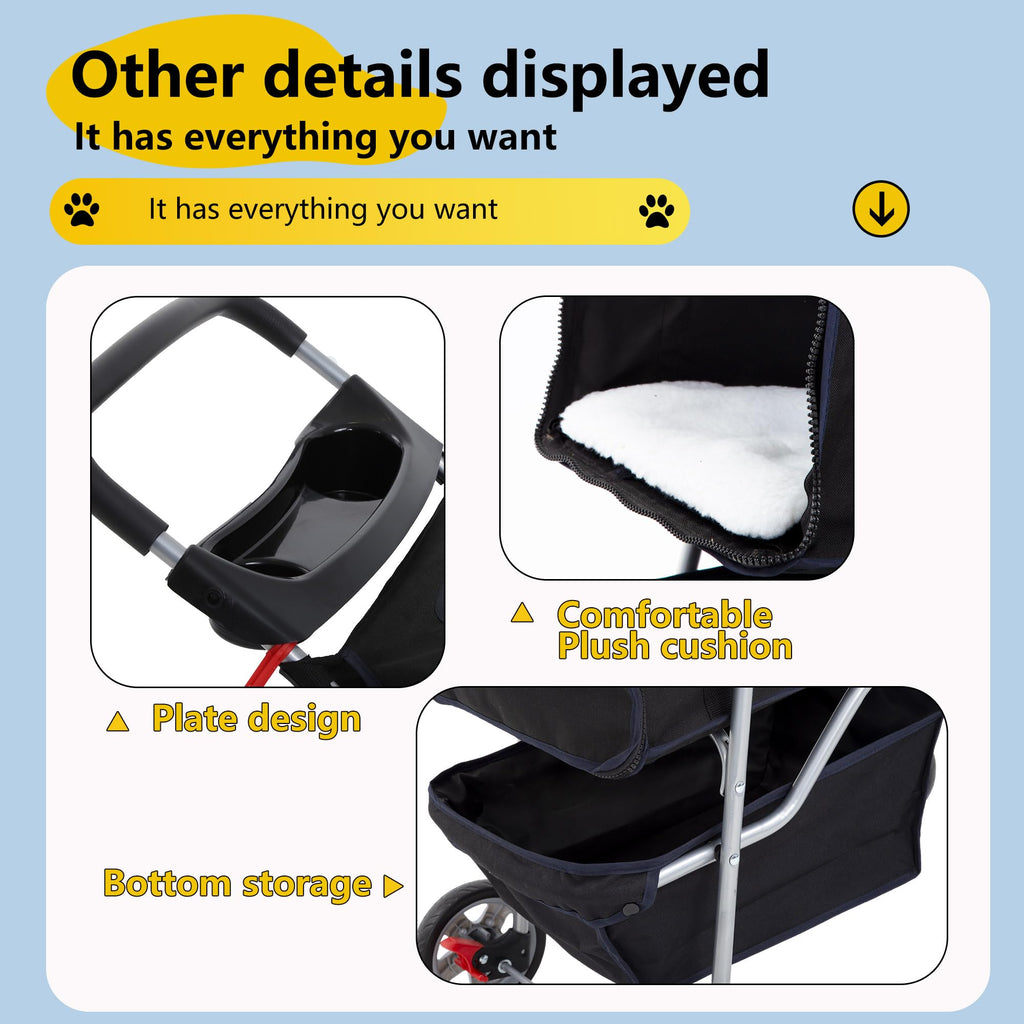 Pet Stroller 4-Wheel Dog Cat Stroller Travel Folding Carrier Puppy Stroller with Cup Holder and Removable Liner for Small Medium Dogs Cats, Black